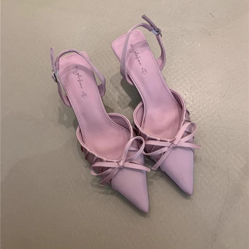 Niche Socialite High Heels Women'S Spring French Temperament Elegant Bow Pointed Thin Heel Bag Head Sandals