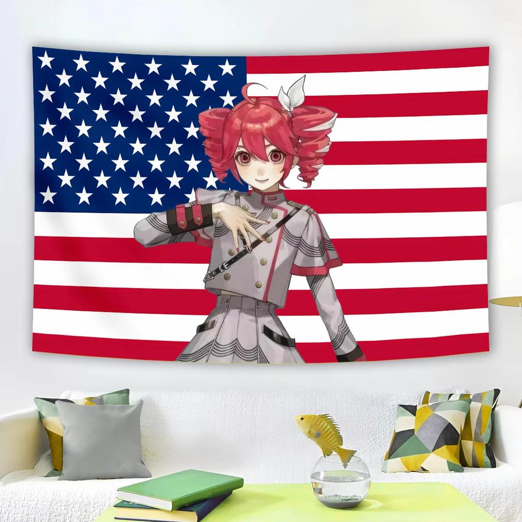 Ins Wind Anime Tapestry Redhead Girl x Star-Spangled Banner Living Room Bedroom Gaming Room Background Wall Decoration