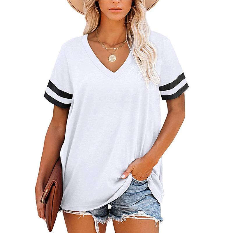 Women's 2026 Summer New V-neck Short-sleeve Color-block T-shirt Loose Casual Top