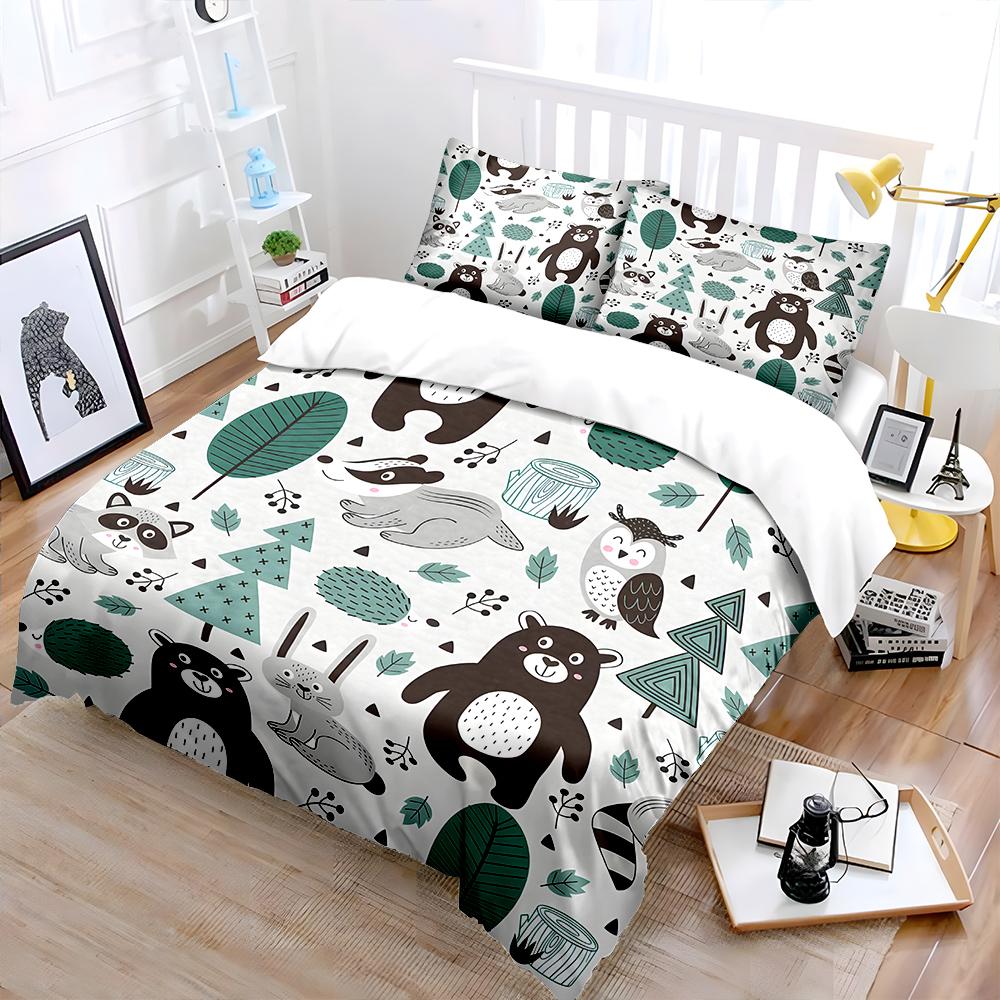 3Pcs Cartoon Animals With Forest Elements Pattern Duvet Cover Set Digital Print Colorful Polyester Bedding With Zipper Closur