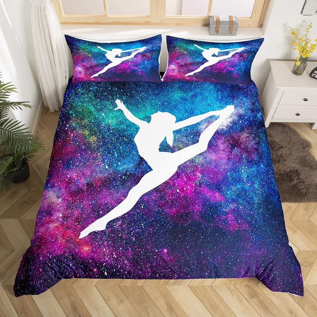 Rainbow Bedding Set for Girls Ballet Duvet Cover Dancing Ballerina Silhouette Comforter Cover Twin Tie Dye Starry Sky Bed Cover