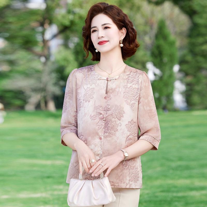 Mom's Chinese Style Blouse: Summer 2025 Chiffon Seven-Sleeve Top for Middle-Aged and Elderly Women
