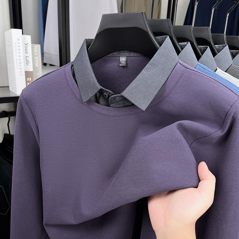 Men's Lapel Fake Two Piece Long Sleeve T-Shirt Autumn Solid Color Breathable Fashion Business Commute Menswear