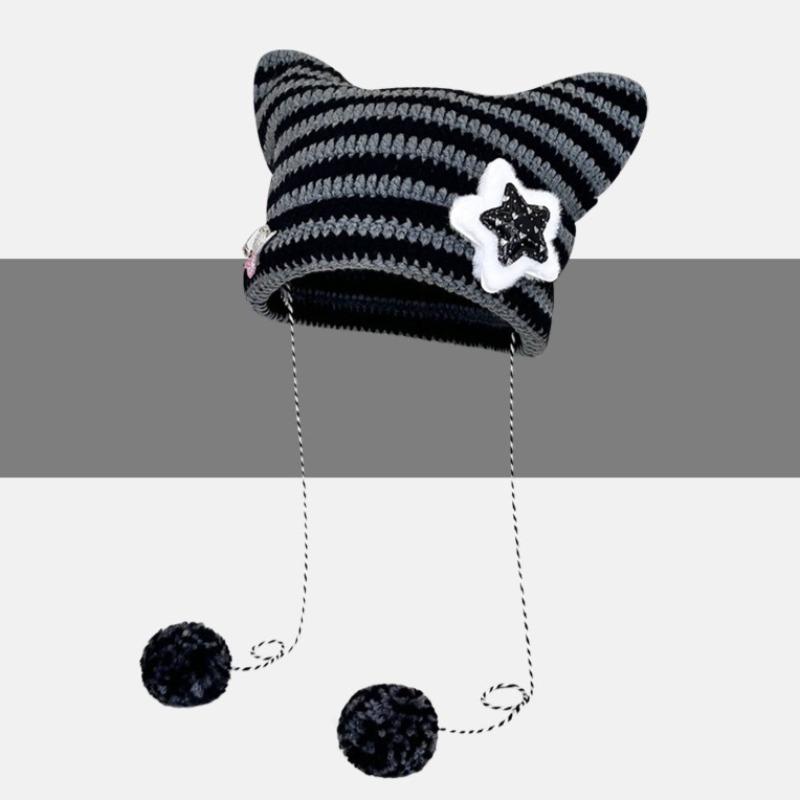 Y2K Beanie Hat Ins Devil Ear Striped Knitted Cap Autumn Winter Hip-hop Cute Cat Ears Pointed Pullover Women's Hats