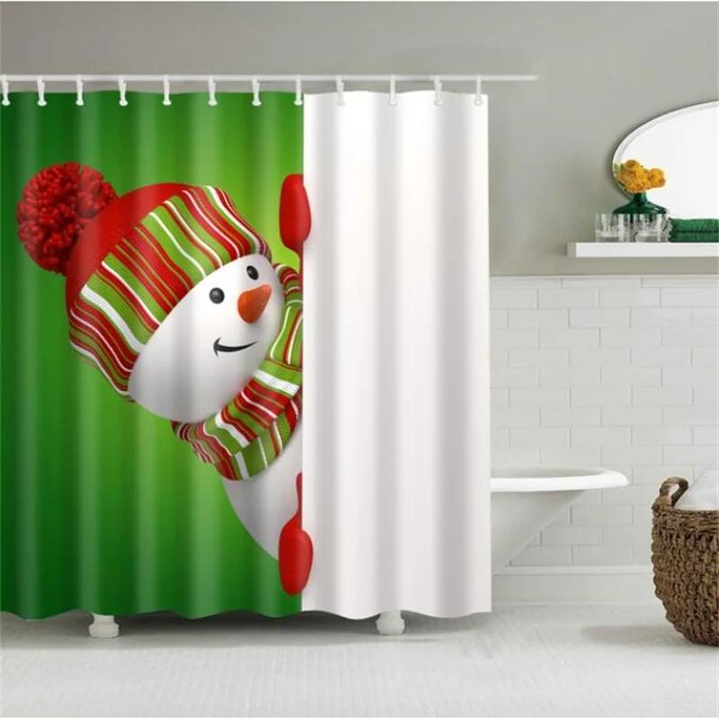 Merry Christmas Shower Curtain Christmas Home Decor Snowman Santa Claus Bathroom Curtain Polyester Fabric Bath Screen with Hooks