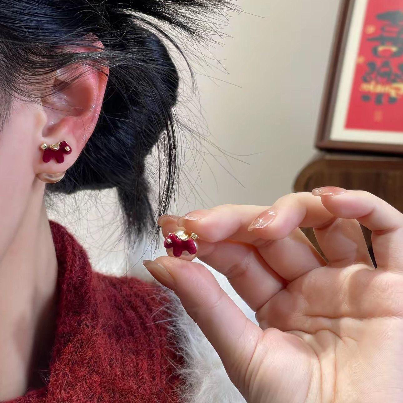 Retro red velvet pearl pony two wearing stud earrings women s natal year unique design autumn and winter beautiful earrings