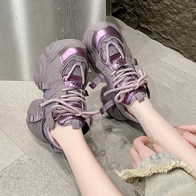 Fashion Women's Spring Autumn Platform Sequin Sneakers Lace-up Chunky Heeled Casual Shoes for Woman Versatile Tennis Vulcanize Shoes