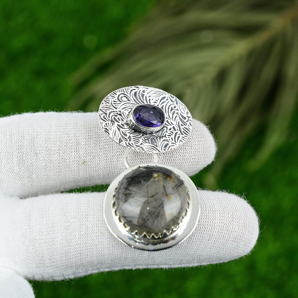 Natural Black Rutile Gemstone Jewelry 925 Sterling Silver Pendant For Women