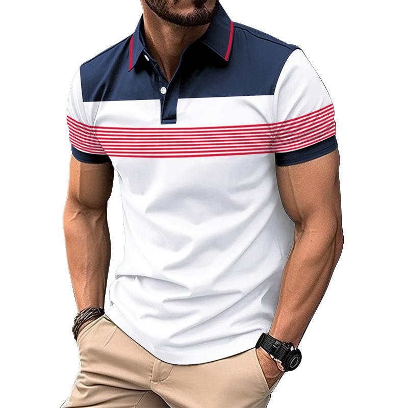 New Short-Sleeved Men's Casual Polo Shirt with Collar and Buttons Versatile Business-Striped T-Shirt Top