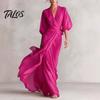 Women Casual Dress V- Neck Long for Summer Autumn, Solid Color Tie Waist A-Line Dress, Half Sleeves Swing Maxi Dresses