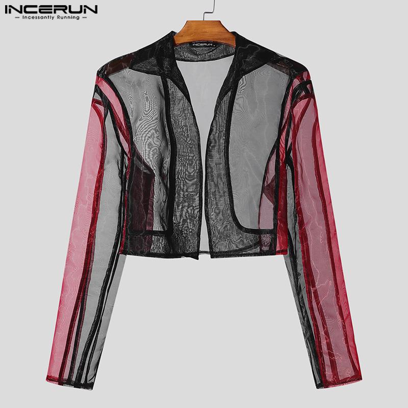 INCERUN Sexy Men Stitching Perspective Long-sleeved Mesh T-shirt Tops