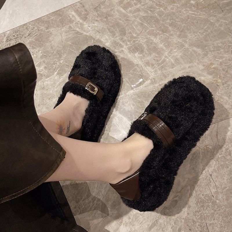 Evening Shoes Cotton Shoes Fluffy Shoes Women's New Winter 2025 One Pedal Thick Sole Inner Height Increase Snow Boots Outer Wear Plush