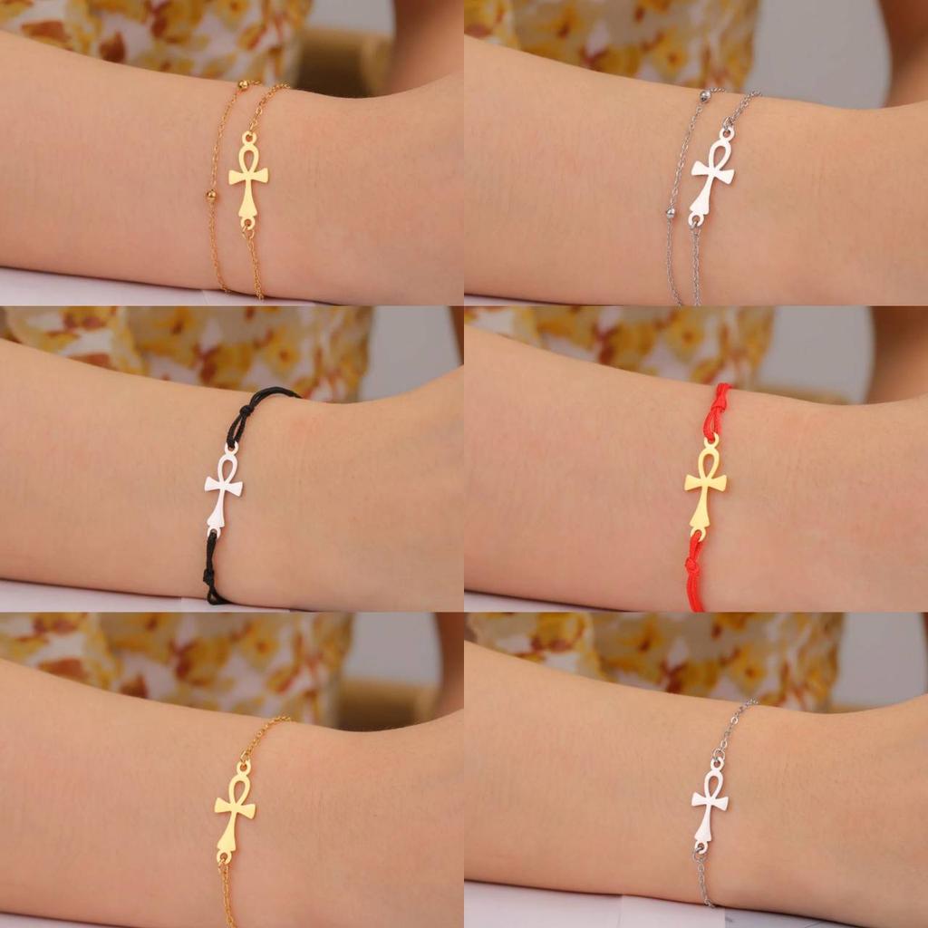 Vintage Pendant Charm Bracelet Amulet Talisman Ankh Cross Women Stainless Steel Egypt Egyptian Key Life Religious Jewelry Gift