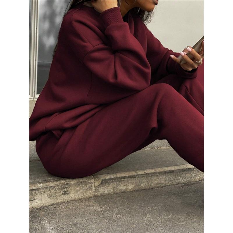 Autumn Winter European And American Half Zipper Stand Up Hoodie Set Solid Color Loose Casual Two Piece Set