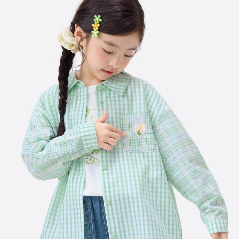 Girls  Green Plaid Turn-Down Collar Shirt with Heart Emblem 140
