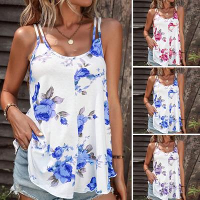 Women Casual Sling Tops U-Neck Sleeveless Flower Print Tops Loose Hem
