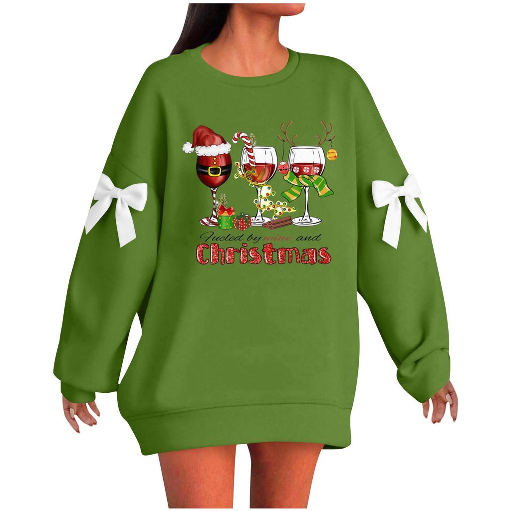 Ladies' Christmas Printed Bow Round Neck Long Sleeved Loose Pullover Sweater Sweatshirt Top