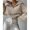Womens Fall Winter Loose Lantern Sleeve Collared Pullover Short Sweater