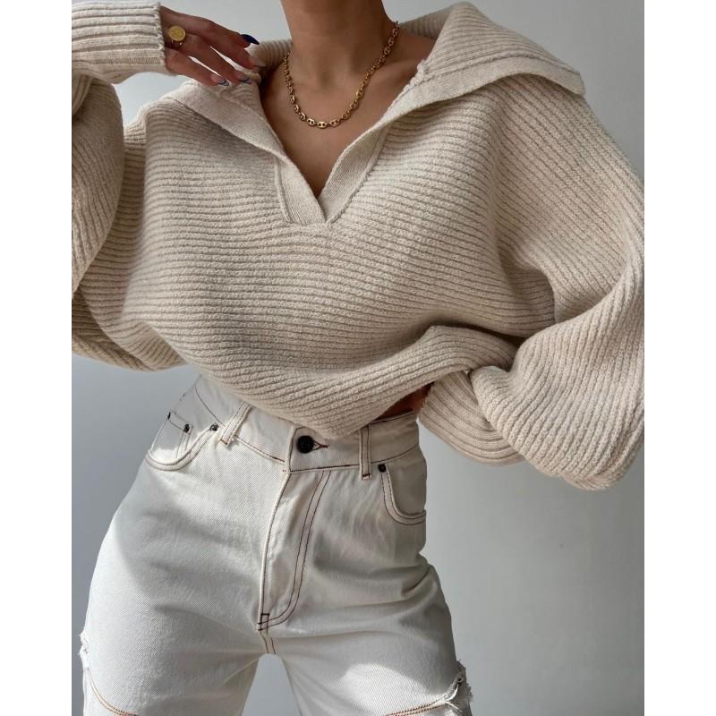 Womens Fall Winter Loose Lantern Sleeve Collared Pullover Short Sweater