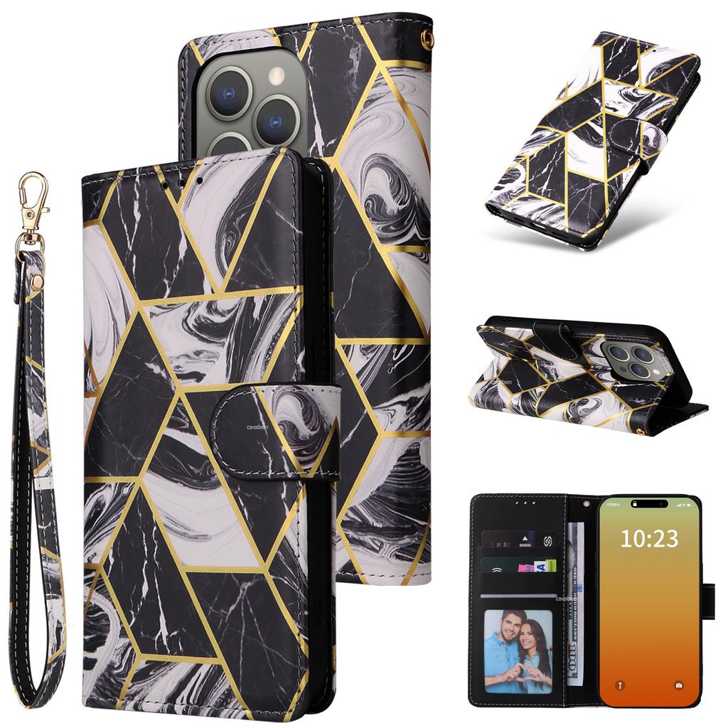 Applicable to iPhone15 mobile phone leather case 15Pro bronzing marble card wallet protective case 15ultra