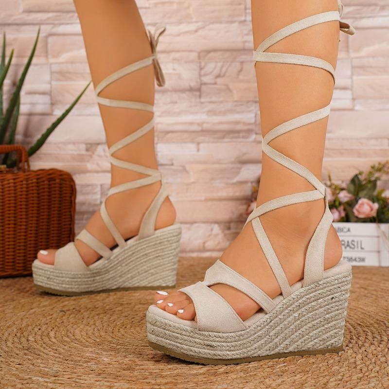 

Fashion Slope Heel Sandals Summer New Round Head Strap Grass Braid Bottom Waterproof Platform Anti-slip Wear-resistant High Heels 43 бежевый