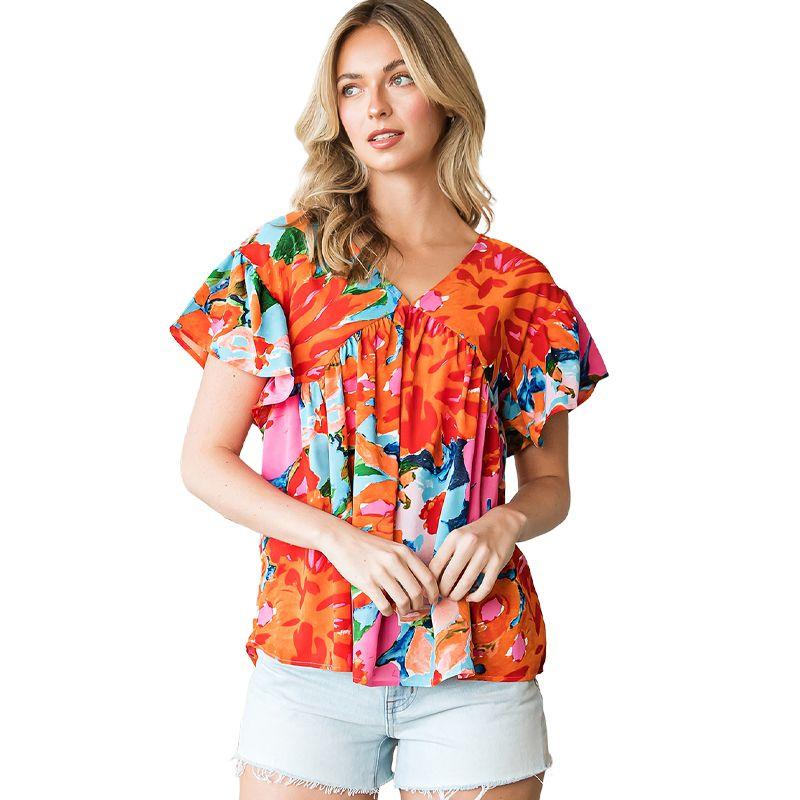 

2024 Summer Short Sleeve Color Abstract Short Sleeve T-shirt Female Fashion Style Stylish Print Silm Chiffon Pullovers Female LC25118544-Pink Size M fit (55.00 kg-65.00 kg