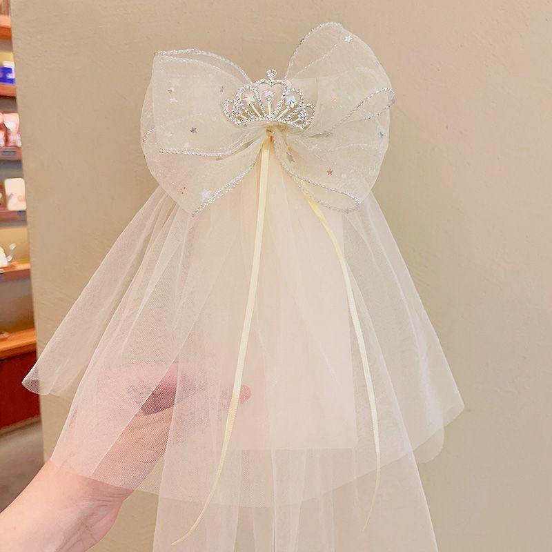Children's Veil Hairpin Girl's Bow Crown Hairpin Photo Top Clip Baby's Birthday Mesh Headwear Princess Handmade Fashion