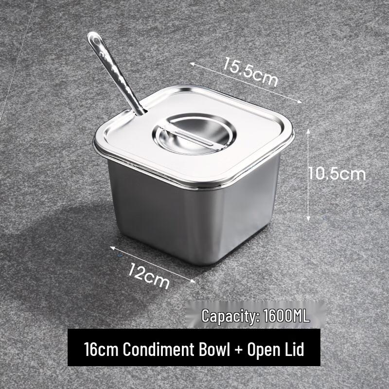 Stainless Steel Square Condiment Jar with Lid 16cm with Open Lid & Spoon
