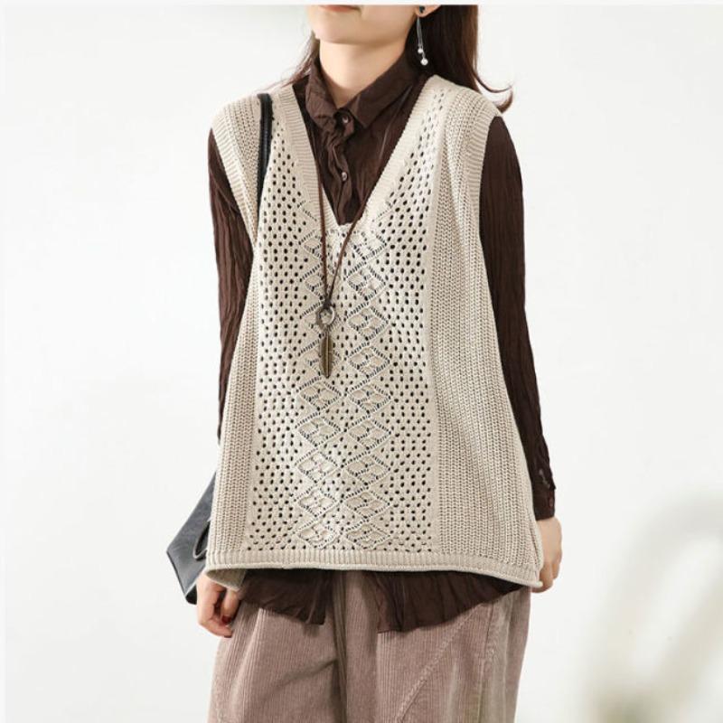 Gilet lavorato a maglia retrò con scollo a V, senza maniche, sottile, ampio, da donna, impilabile, casual, primavera e autunno