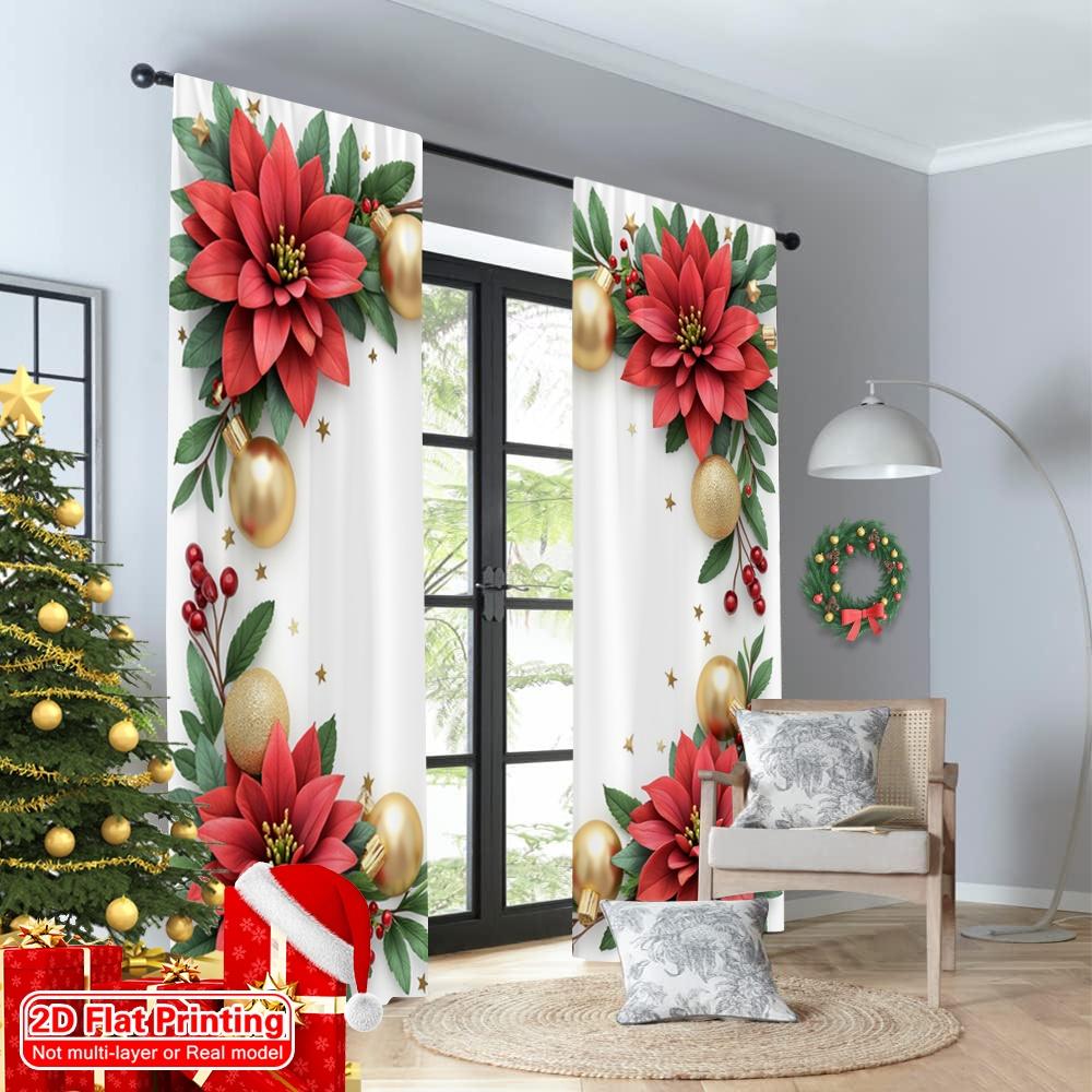 2pcs 2D Flat Printing Christmas Window Curtains Christmas Poinsettia Holly Ornaments 100% Polyester Without Electricity Holiday