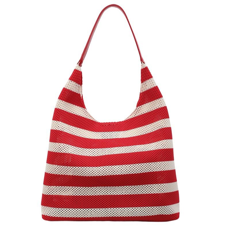 Premium contrasting striped woven bag large capacity hollow shoulder underarm bag tote bag leisure travel bag