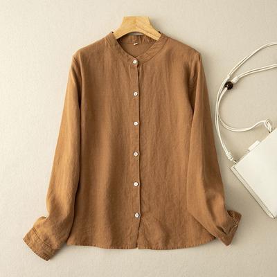 Women Loose Cotton Linen Long Sleeved Shirt for Women Spring and Summer Item Round Neck Mid Length Shirt Jacket