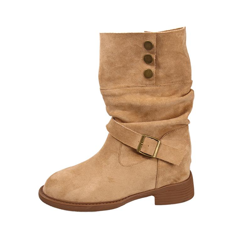 

Fashion Stylish Studded Metal Pointed Toe Cow Suede Hair Sleeve Soft Sole Non-slip Wear-resistant Square Heel Mid-barrel Boots 35 хаки