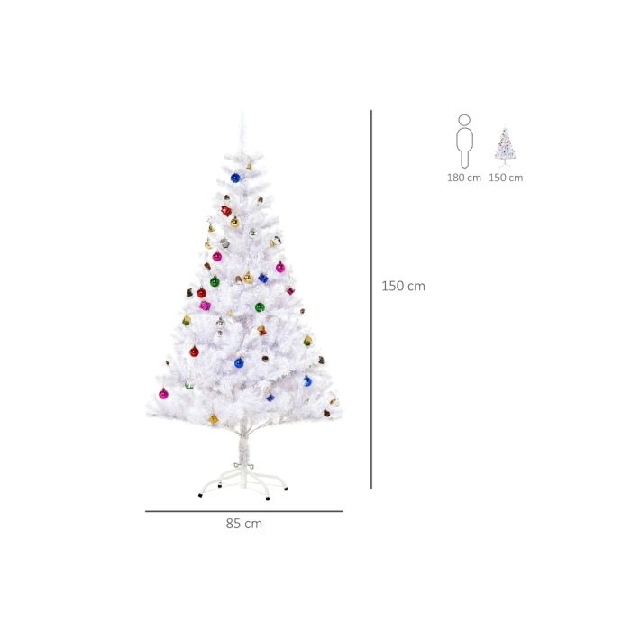 HOMCOM Sapin de Noël artificiel Sapin de Noël Arbre 150 cm avec support et décorations incluses (150 cm, blanc/sapin de Noël)