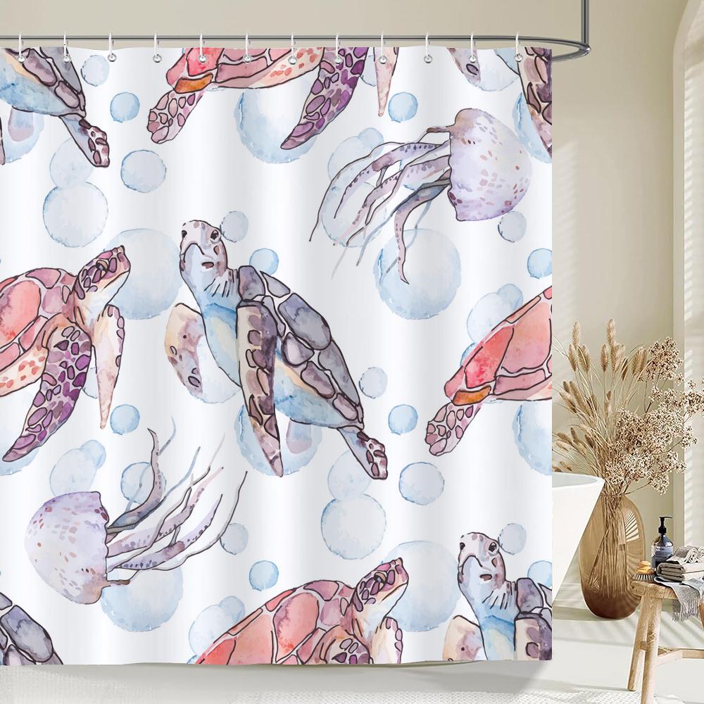 1 Pack Cartoon Turtle,Dolphin,Whale Printing Shower Curtain Partition Bathroom Curtain With Hooks Home Decorative Curtain
