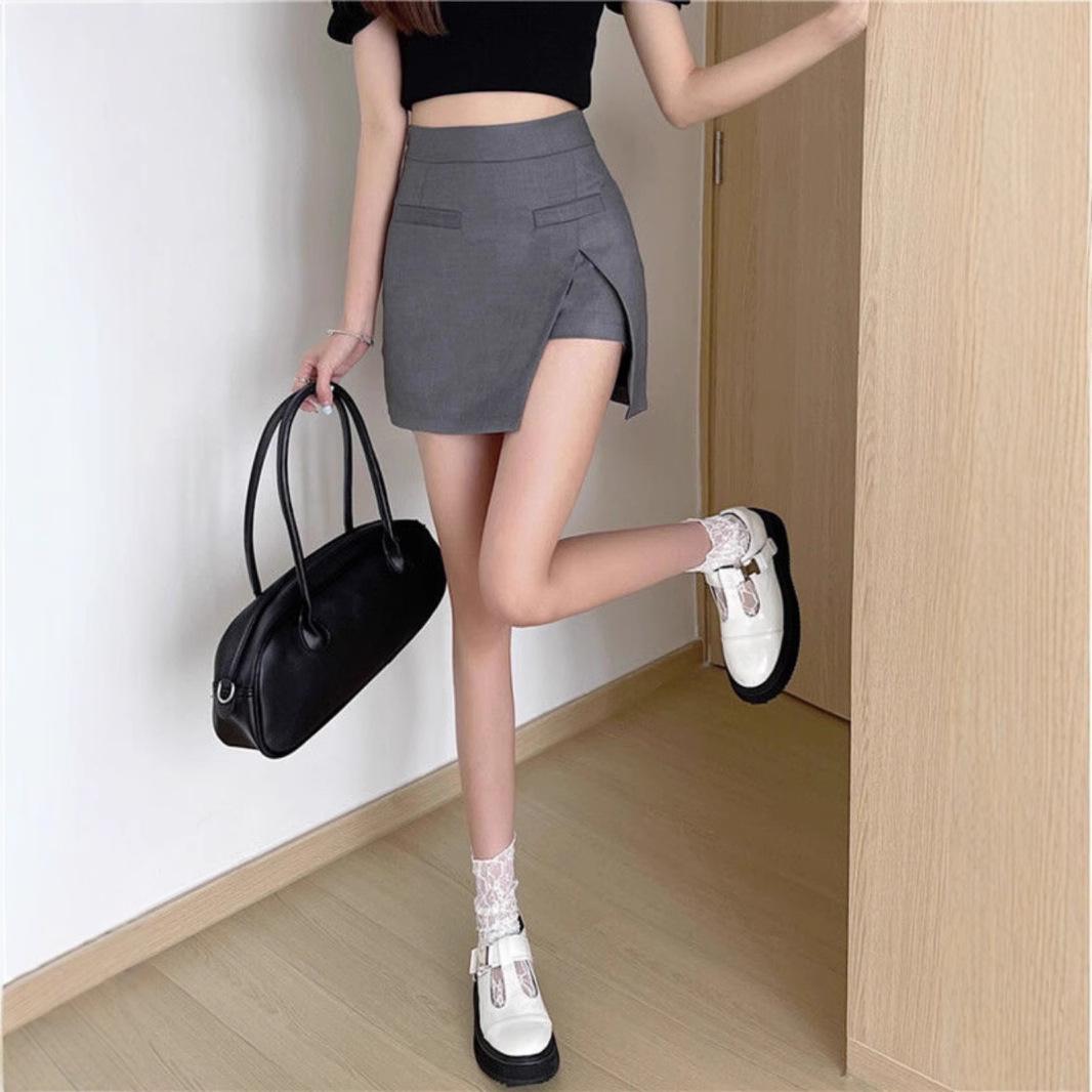 

Women s Slim Fit Gray Midi Skirt - Summer A-line Design with Slit and Irregular Hem M [Recommended 90-104 jin]