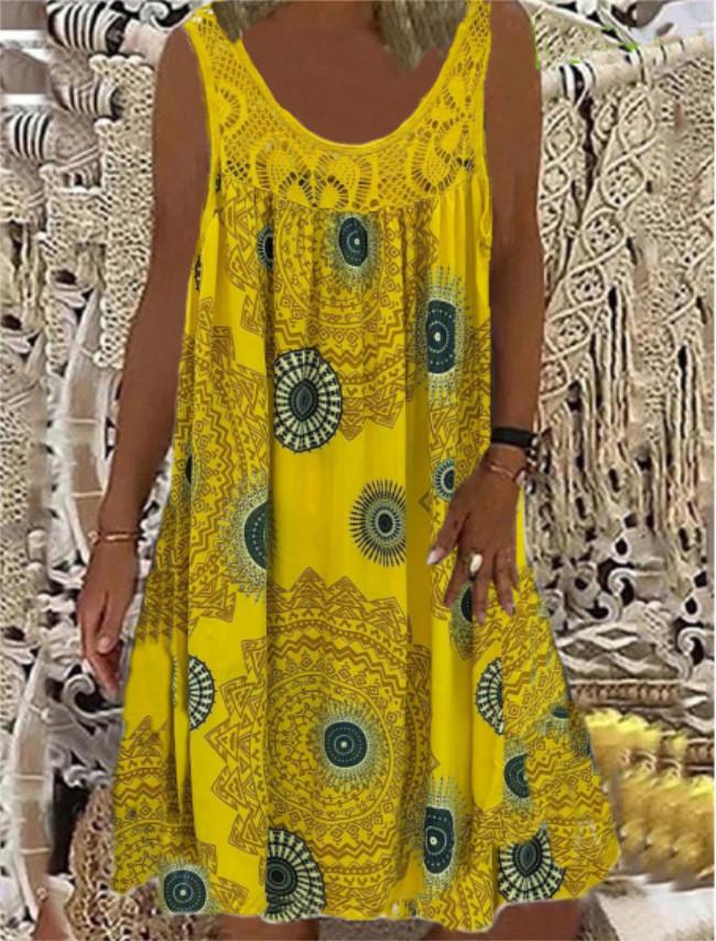 2022 Europäisches & Amerikanisches Digitaldruck Off-Shoulder Spaghetti-Träger Spitze Lässiges Kleid