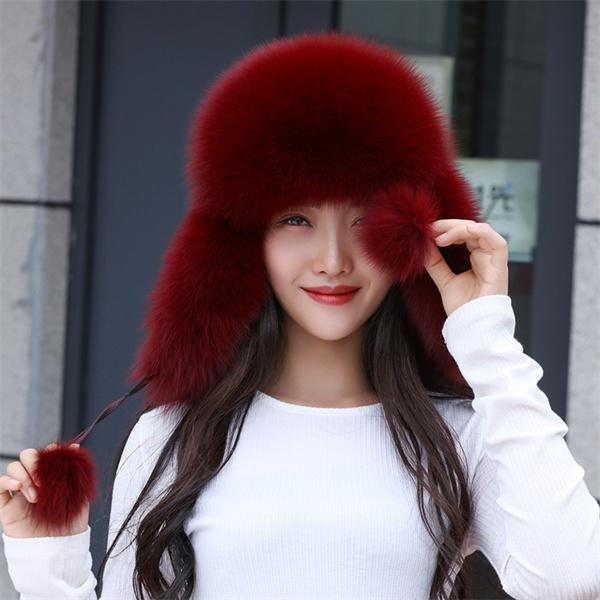 New 100% Real Fox Fur Hats Women's Russian Ushanka Aviator Trapper Snow Skiing Hat Caps  Winter Raccoon Fur Bomber Hat