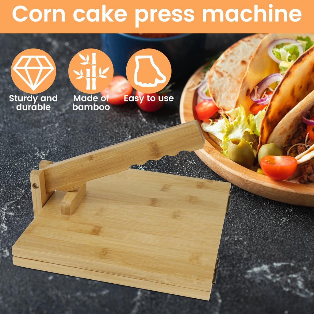 Bamboo Tortilla Presser 10 Inch Manual Square Tortilla Maker with Rolling Pin Rotatable Mexican Tortillera Dough Pressing Tool