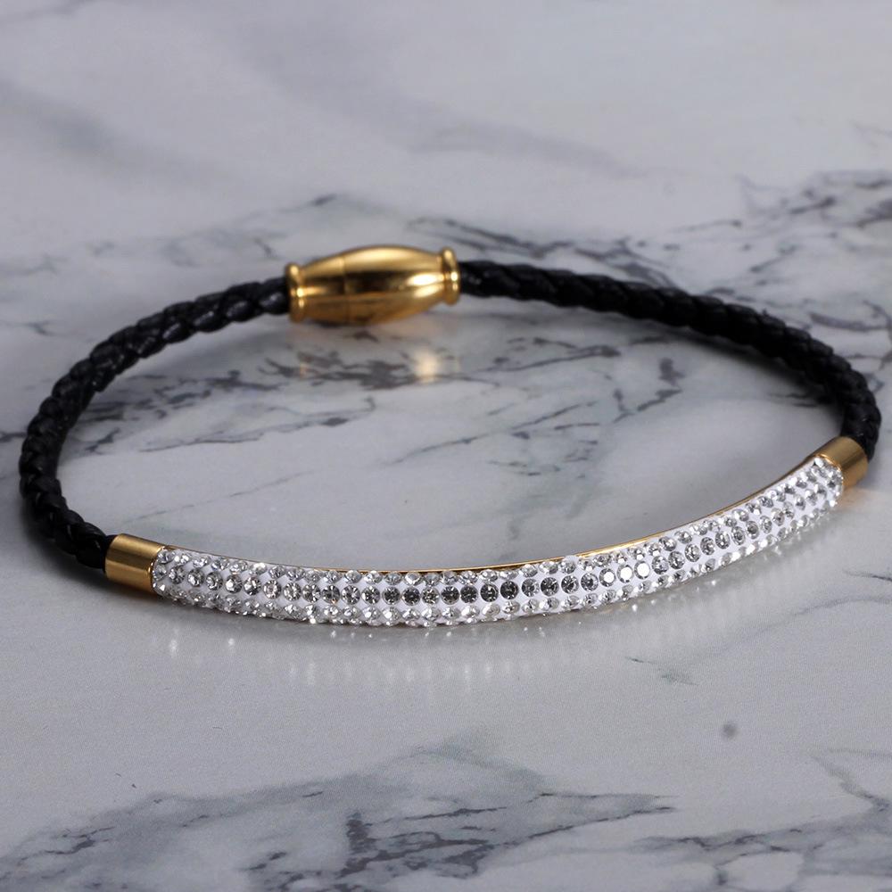Fashion Titanium Steel Three-Row Zircon Leather Women's Bracelet Woven Magnetic Stripe Open Bracelet Bracelet