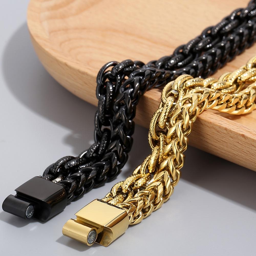 Men's Double Layer Chain Bracelet for Men Vacuum Plated Black Gold Color Stainless Steel Chain Custom Engraved Birthday Gifts