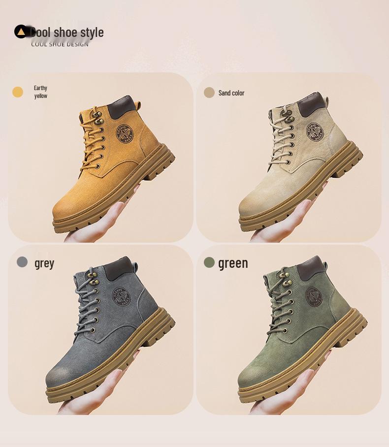 Men's Large Size Winter Genuine Leather Martin Boots, Thick Sole, High-Top, Outdoor, Plus Velvet, Yellow Work Boots.