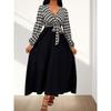 Autumn New Arrival Fashion Fashion Commuter Ol Waist-Tight V Neck Houndstooth Patchwork Mid Length Long Length Long Sleeves Dress Dress