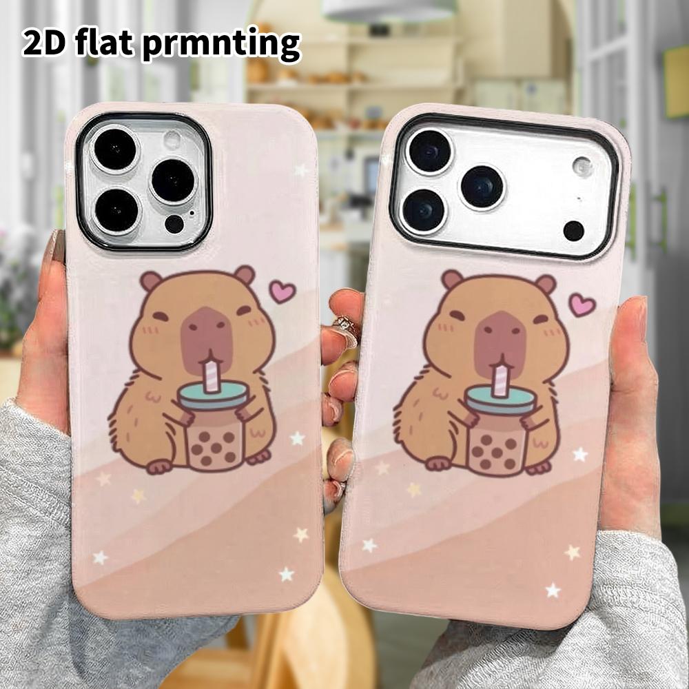 Phone Case: 2D Flat Design Suitable for iPhone 18 17 16 15 14 13 Pro Film Protective Case, Couple Style, Capybara Drinking Milk Tea, Christmas and Hal