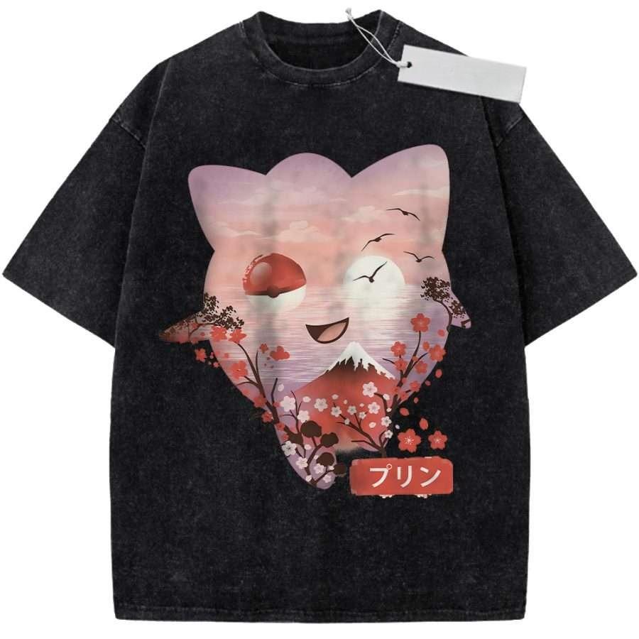 Unisex Washed Pink Vintage T Shirt Pokmon Jigglypuff Scenic View High Quality Fabric for Home Leisure Travel Shopping