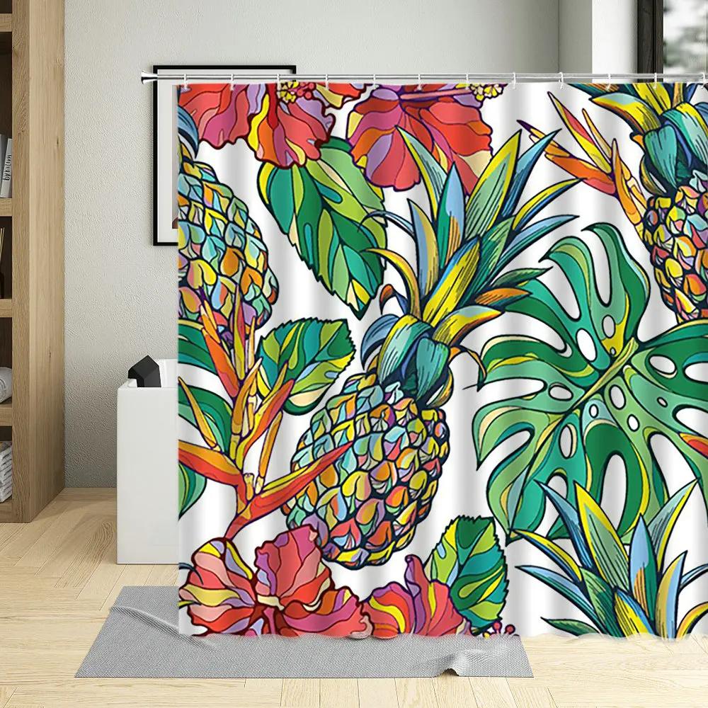 Tropical Pineapple Shower Curtains Watercolor Fruit Leaves Palm Leaf Flower Plant Bath Curtain Sets Modern Fabric Bathroom Decor