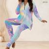 Women Plus Size Grey Printed Half Zip Long Sleeve Top And Fitted Long Pants Two Piece Outfit