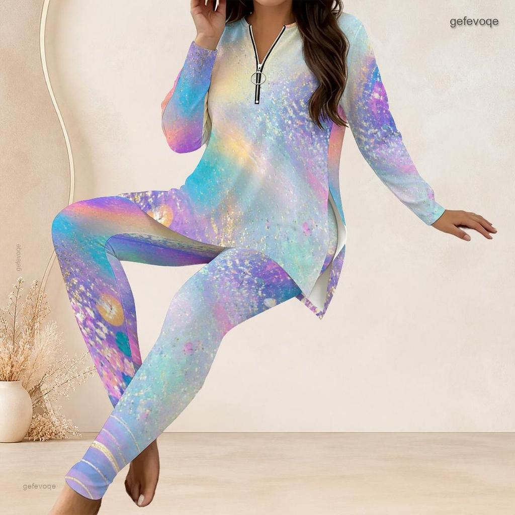 Women Plus Size Grey Printed Half Zip Long Sleeve Top And Fitted Long Pants Two Piece Outfit
