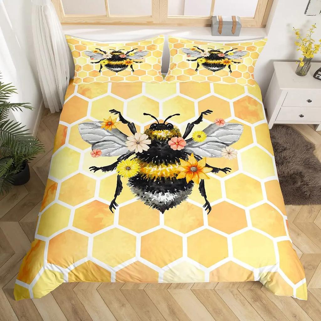 Bee And Butterfly Duvet Cover SetSpring Floral Bedding Sets For Boys GirlsColorful Flowers Country Style Comforter Cover Queen