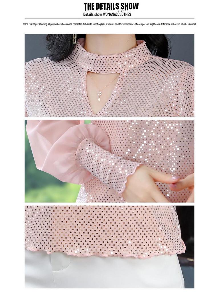 2024 Spring Sequined Slim Long-Sleeve Korean Style Top - Elegant and Versatile